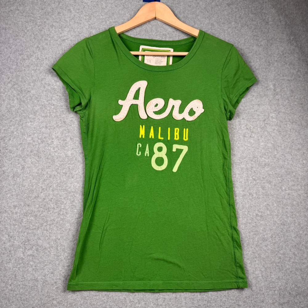 Vintage Aeropostale T Shirt Womens Large Green Y2K Spellout Graphic Tee Preppy - Picture 1 of 7